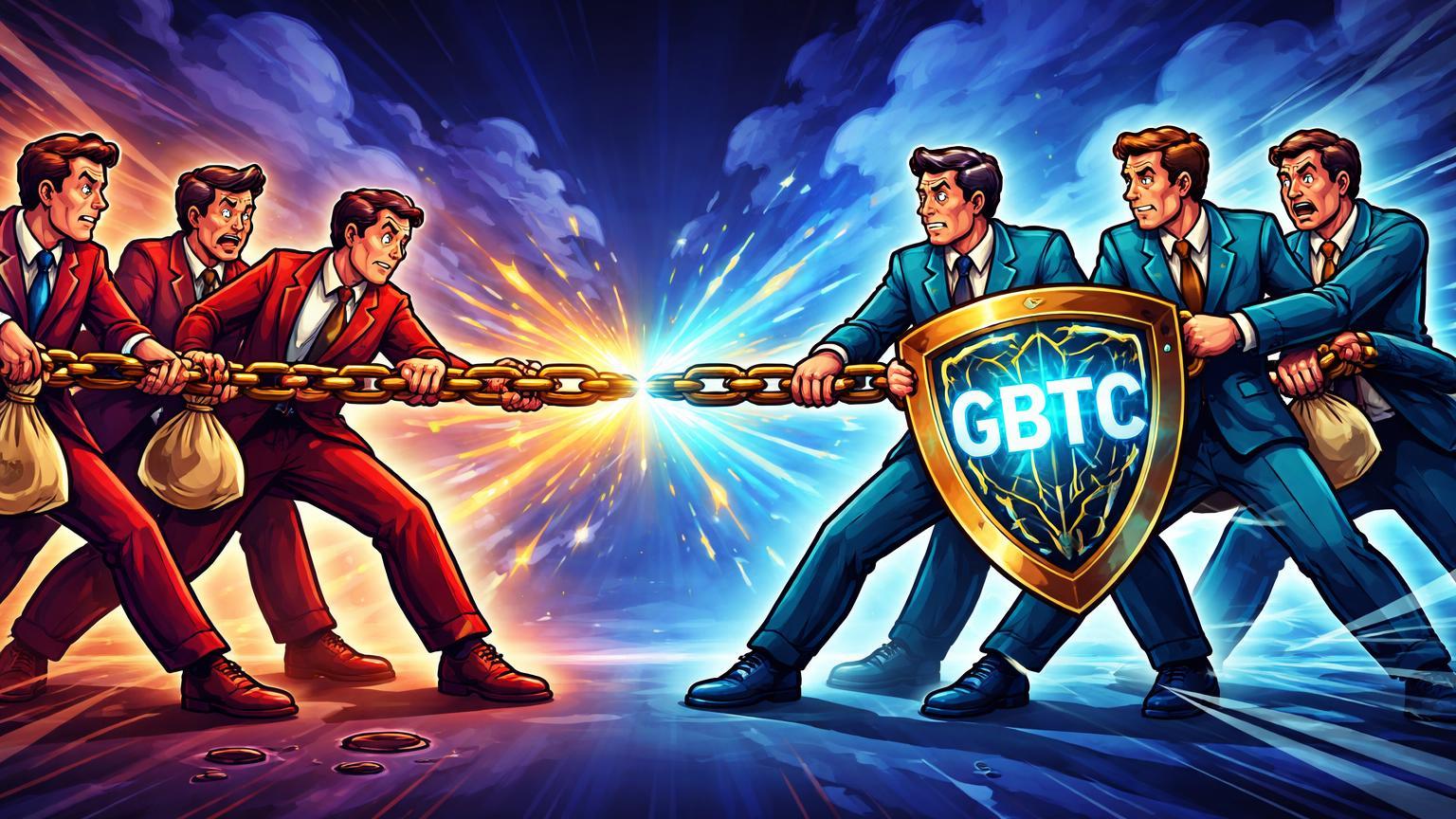 Times institucionais cartoon em cabo de guerra por corda dourada de Bitcoin com GBTC no escudo, simbolizando saídas de ETFs vs confiança
