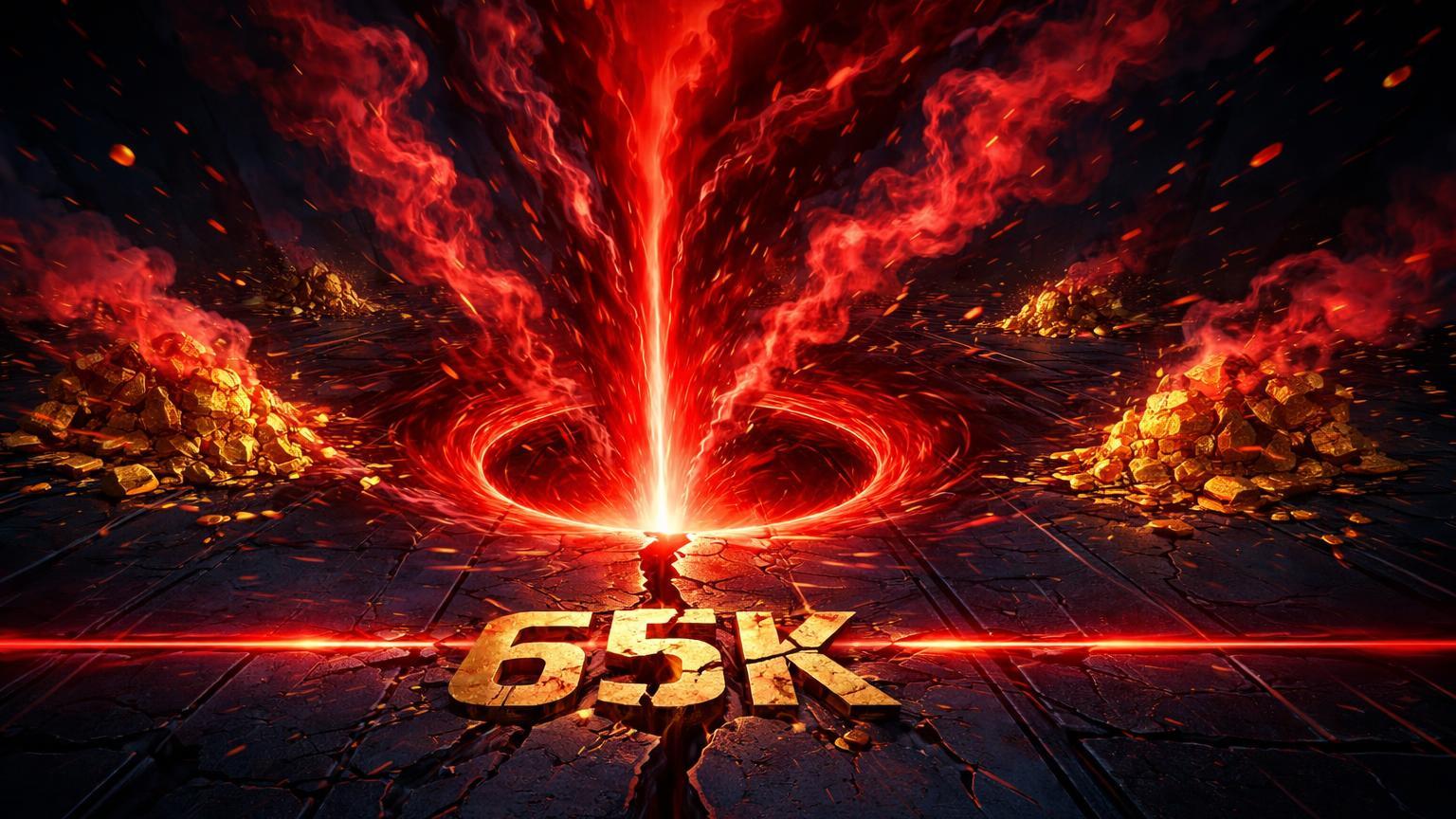 Vórtice vermelho sugando ouro digital sobre linha rachada '65K', simbolizando US$ 3 bi em liquidações e queda do Bitcoin abaixo de US$ 65k