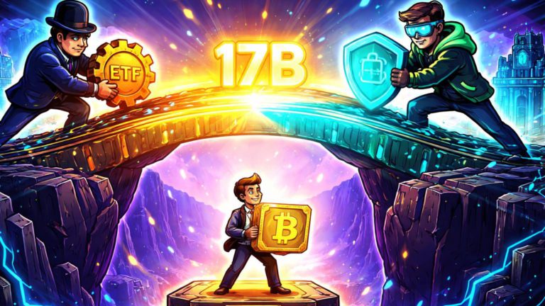 Executivos cartoon construindo ponte entre banco e crypto com fluxo 17B e investidor comprando BTC em 67K, simbolizando nova era institucional