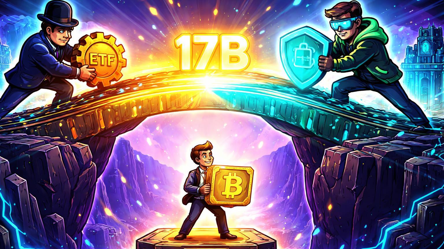 Executivos cartoon construindo ponte entre banco e crypto com fluxo 17B e investidor comprando BTC em 67K, simbolizando nova era institucional