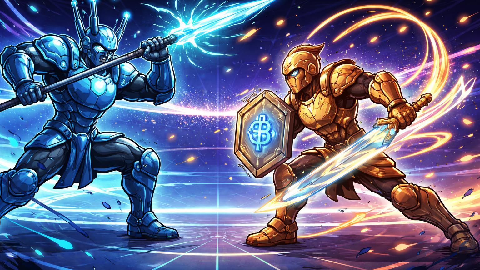 Dois gladiadores cartoon duelando em arena digital com lanças IA e escudos blockchain, simbolizando batalha Google vs Stripe por domínio em pagamentos IA