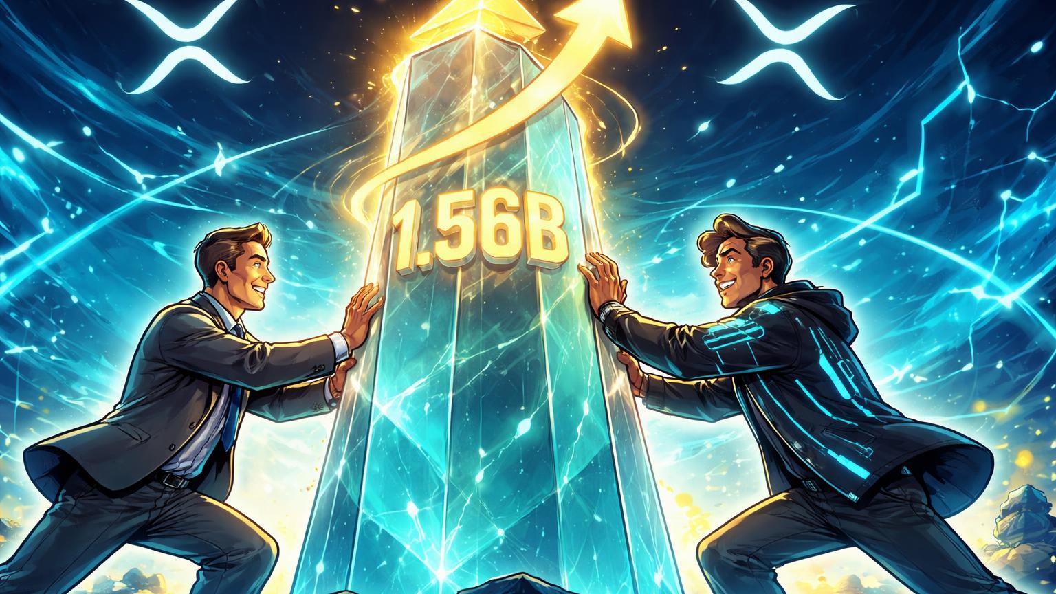 Executivos cartoon bancário e tech elevando pilar cristalino RLUSD com 1.56B gravado, simbolizando adoção institucional e crescimento para 2Bi