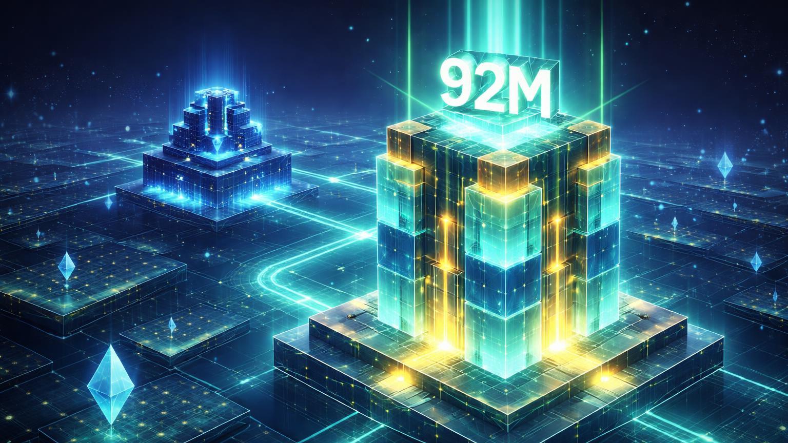 Estruturas isométricas de Base liderando sobre Arbitrum com núcleo 92M luminoso, representando supremacia em receitas Layer 2 Ethereum