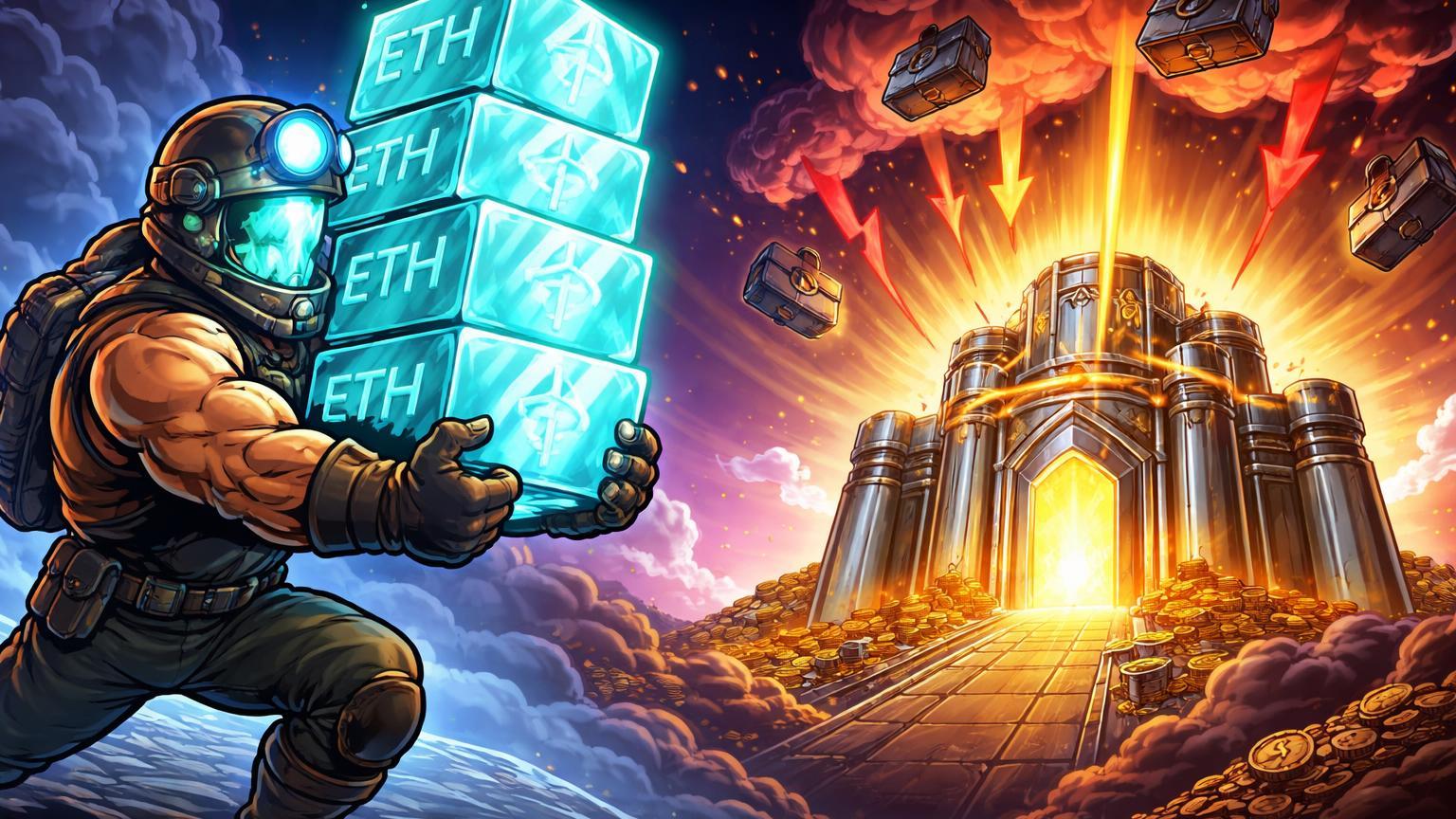 Personagem cartoon BitMine carregando blocos ETH para tesouraria fortaleza, resistindo nuvens de tarifas Trump, simbolizando acumulação institucional