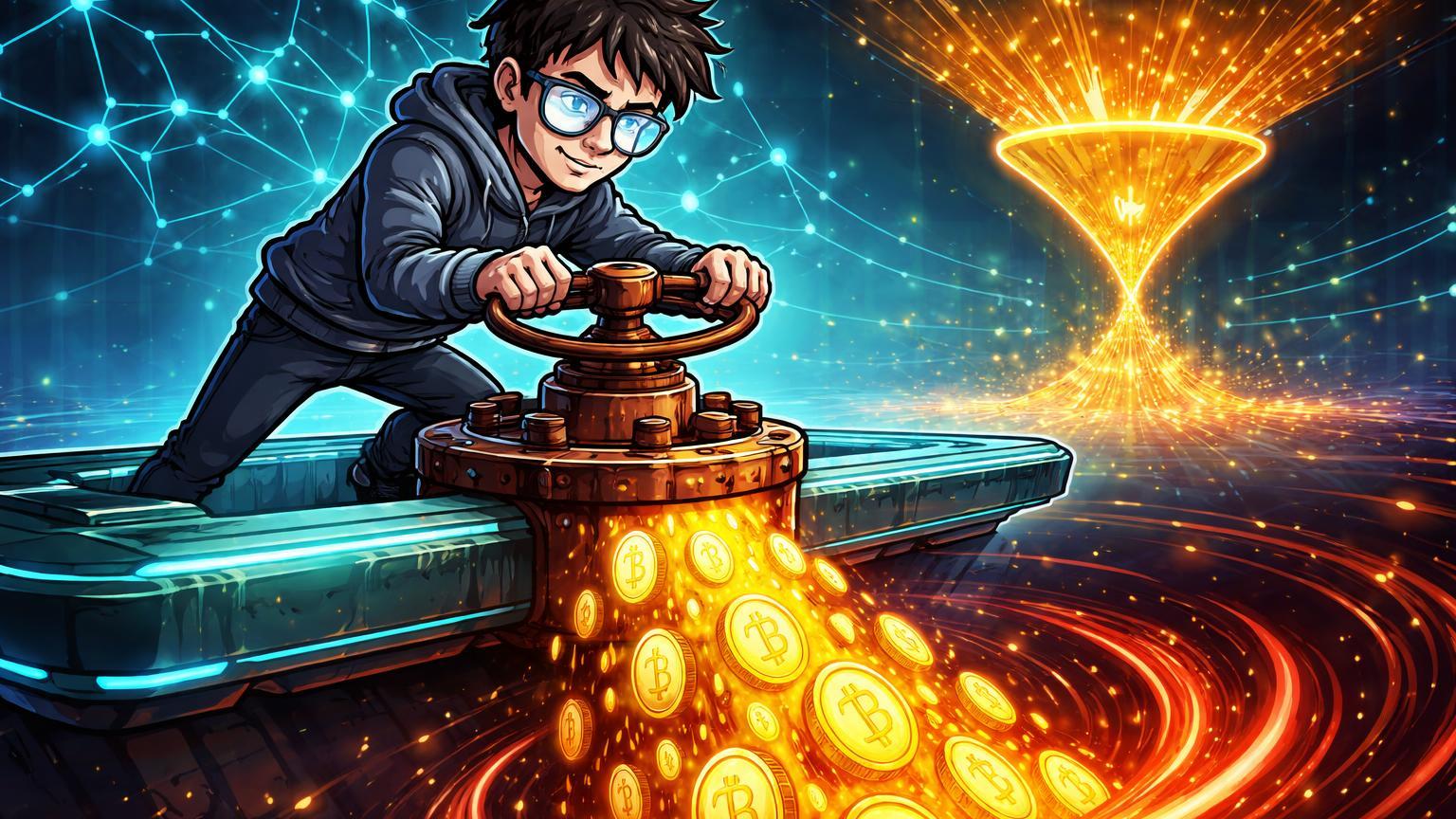 Personagem cartoon de Vitalik girando válvula liberando fluxo ETH dourado para vórtice, simbolizando vendas e pressão no preço do Ethereum