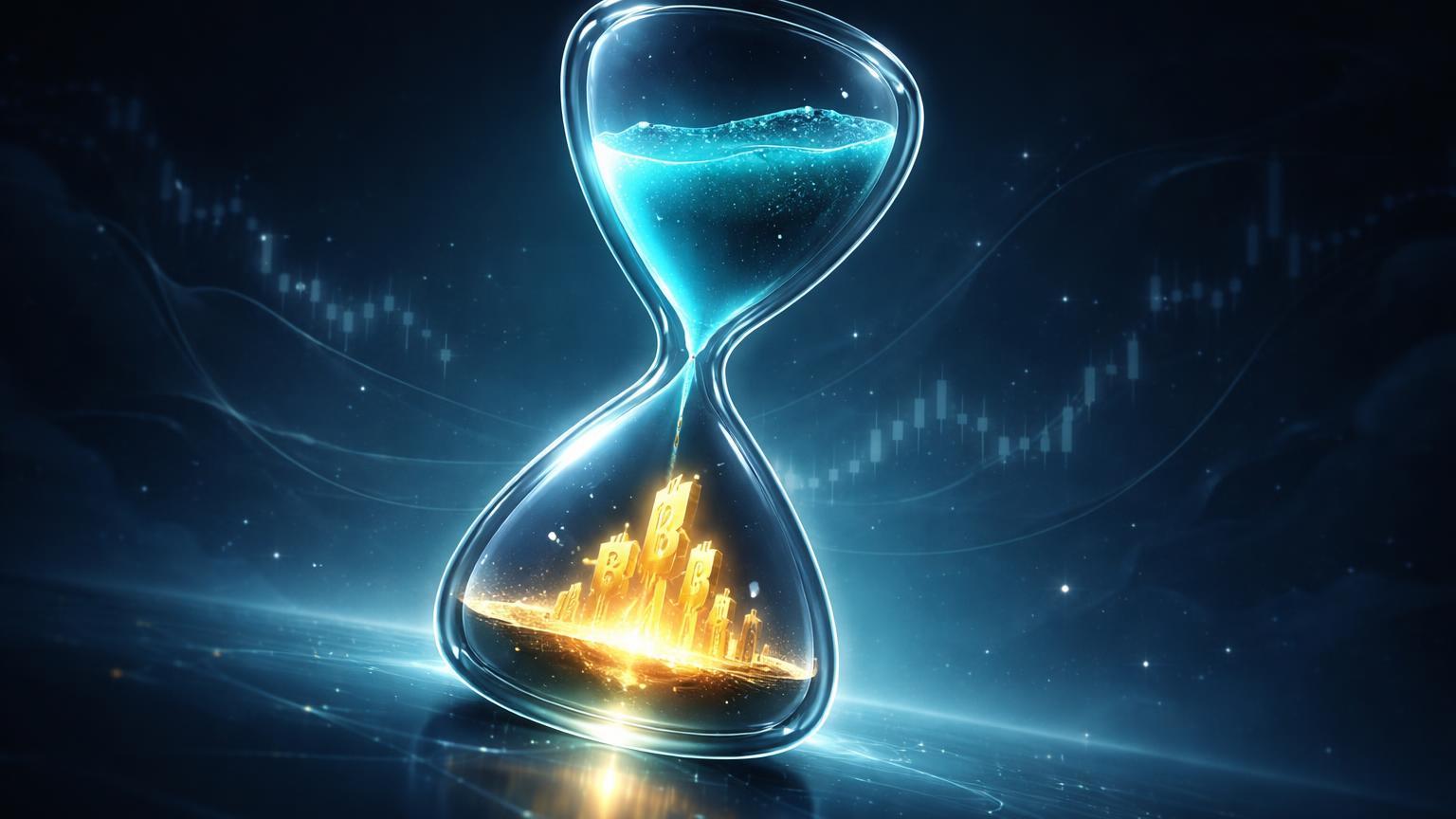 Ampulheta de vidro com fluido cyan escoando revelando formas douradas de Bitcoin no fundo, evocando sinal raro de liquidez USDT como em 2022