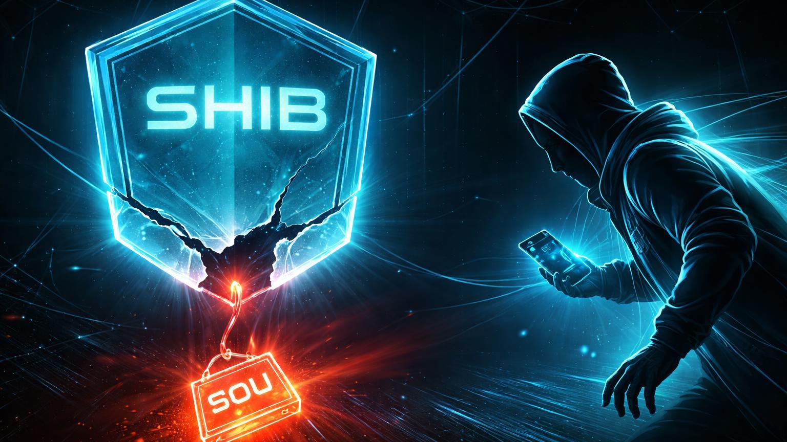 Escudo SHIB cyberpunk com rachadura de NFT falso SOU atraindo silhueta holder, alertando sobre scam phishing em Shiba Inu