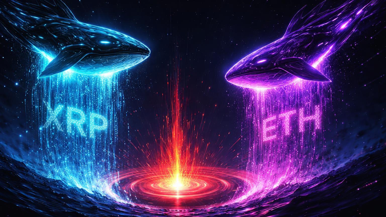 Silhuetas de baleias cibernéticas despejando fluxos de XRP e ETH em portal exchange neon, sinalizando alerta de vendas on-chain