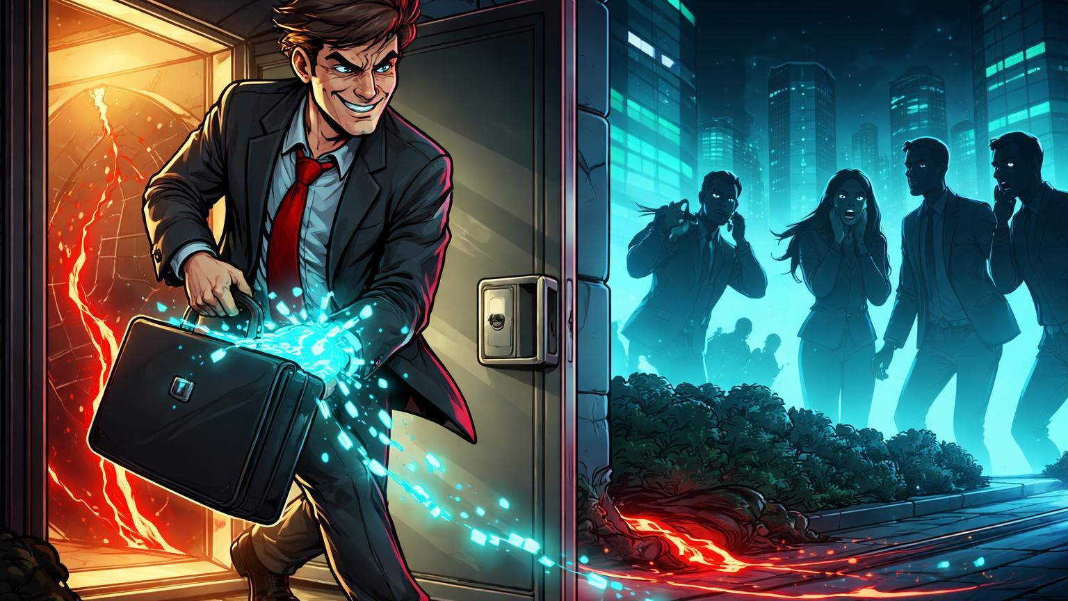 Ex-funcionário cartoon traiçoeiro saindo com dados roubados de cofre fintech rachado, alertando riscos de vazamentos e extorsão