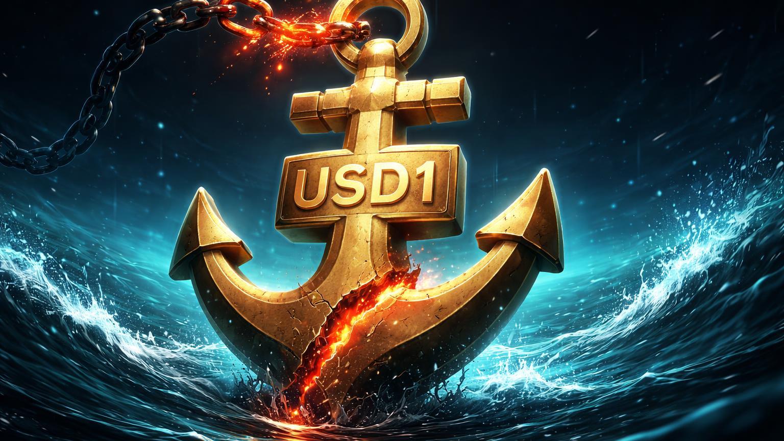 Âncora dourada com USD1 gravado e corrente rompida em oceano digital turbulento, representando depeg e riscos na stablecoin de Trump