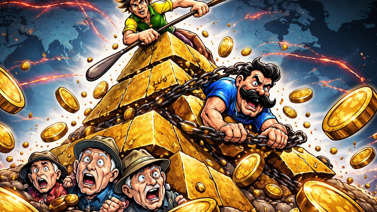 Jogadores cartoon de futebol em disputa sobre pirâmide cripto desmoronante com idosos soterrados, alertando riscos de golpes globais