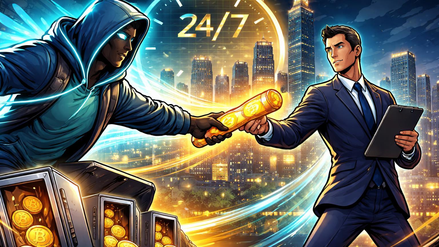 Trader crypto cartoon passando bastão luminoso BTC para executivo CME no skyline de Chicago noturno, com cofres ETFs vazios ao fundo