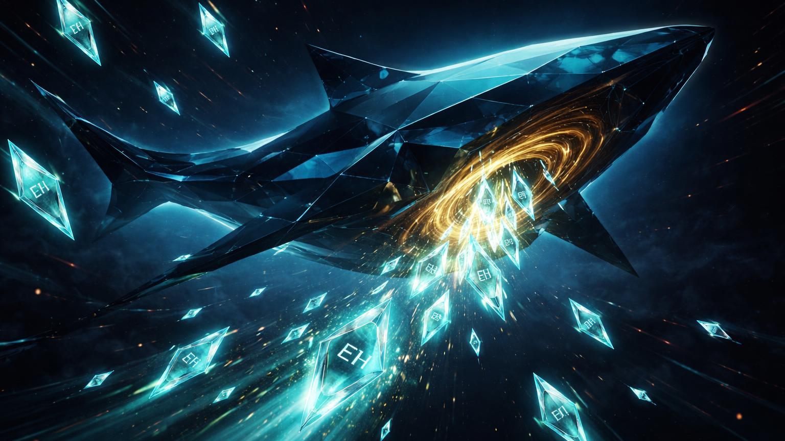 Silhueta geométrica de baleia colossal atraindo prismas ETH em queda, simbolizando acumulação on-chain de 336 mil ETH por whale misteriosa