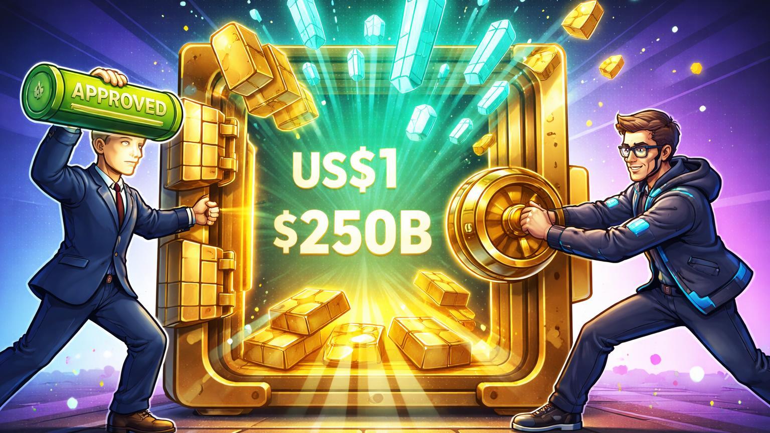 Personagens cartoon SEC e WisdomTree abrindo cofre de ativos tokenizados com US$1 e 250B, simbolizando aprovação regulatória para RWAs