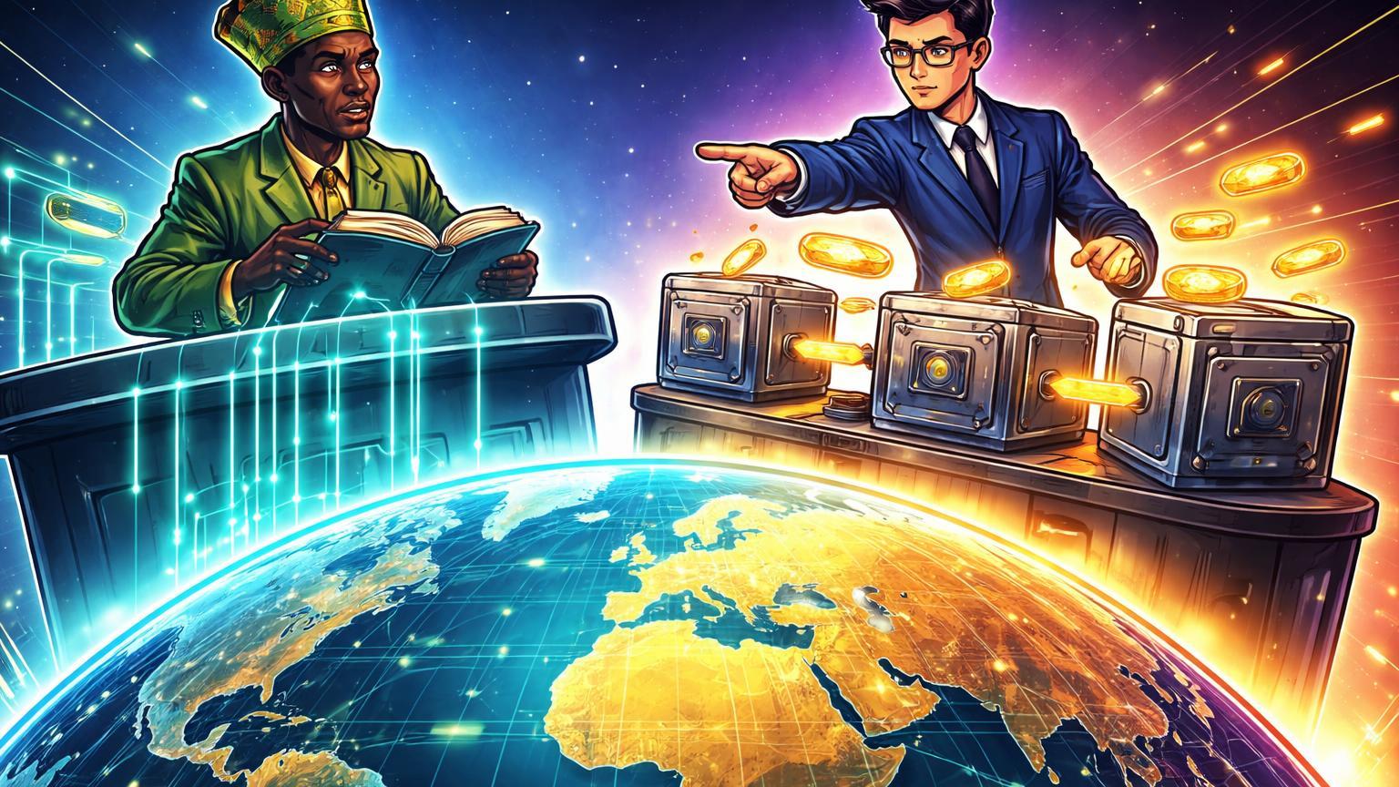 Reguladores cartoon de Nigéria e Coreia do Sul impondo regras sobre globo cripto com stablecoins canalizadas para bancos