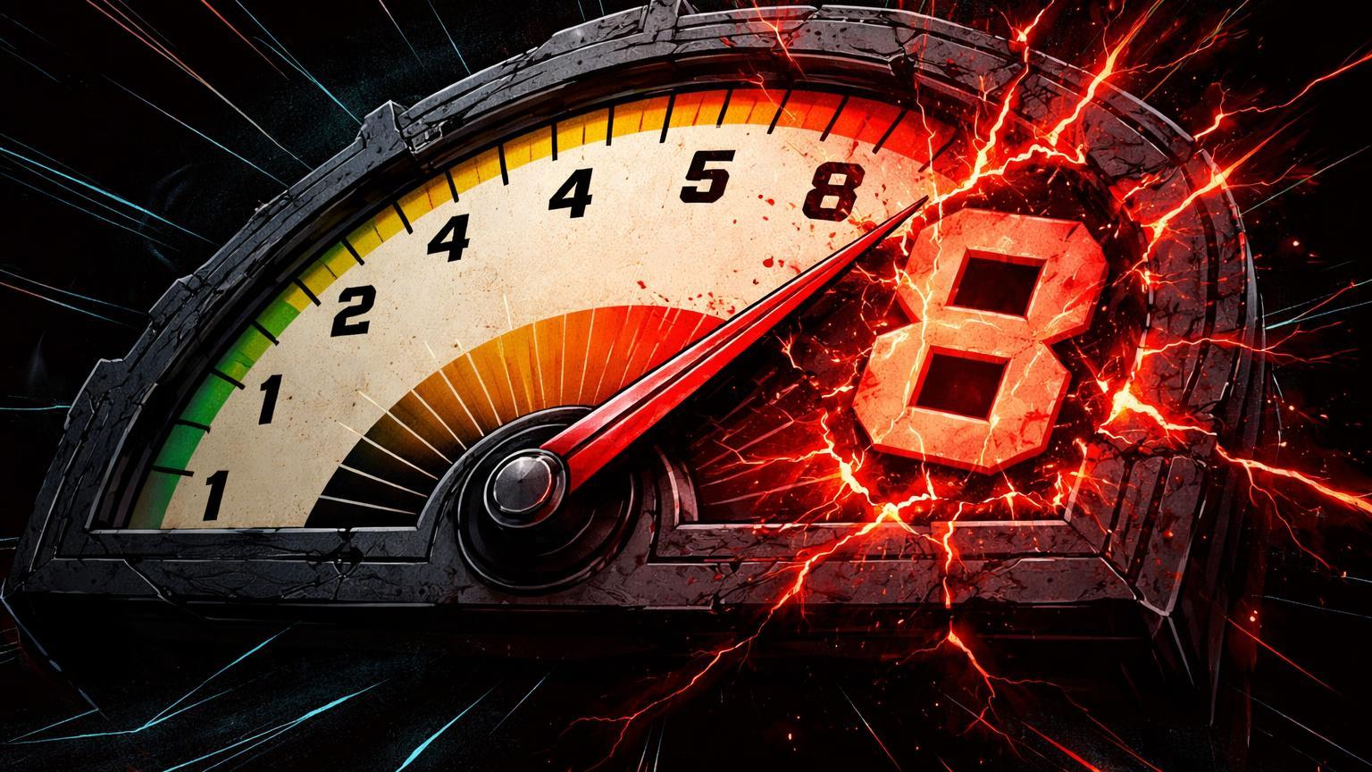 Medidor brutalista de medo com agulha em 8 e rachaduras vermelhas pulsantes, representando extremo pânico no Crypto Fear & Greed Index e flash crash do BTC