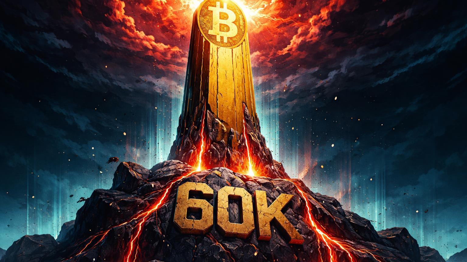 Pilar dourado Bitcoin rachando na base com '60K' sob nuvens vermelhas pressionando, simbolizando outflows de ETFs e teste de suporte macro