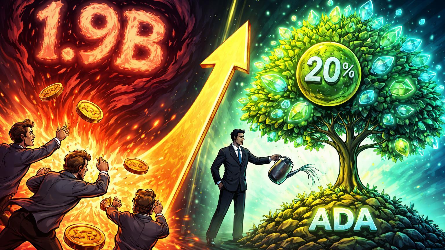 Traders cartoon jogando XRP em vórtice de capitulação bilionária, enquanto árvore ADA floresce com alocação Grayscale, sinalizando rally no Q2