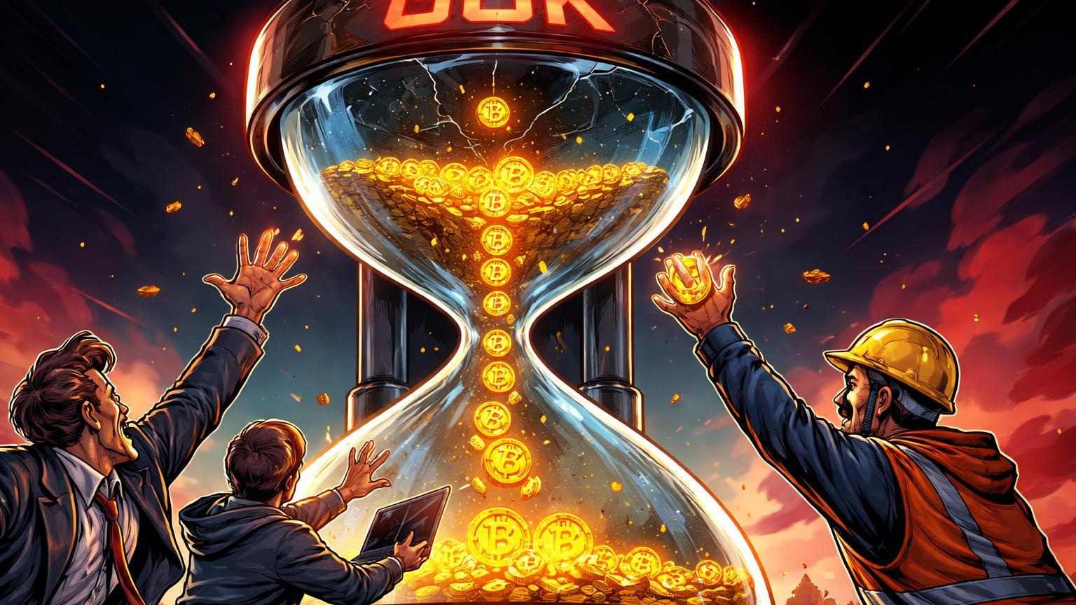 Vítimas cartoon estendendo mãos para últimos grãos BTC em relógio de areia com '60K' gravado, simbolizando prazo final para reaver fundos de fraude