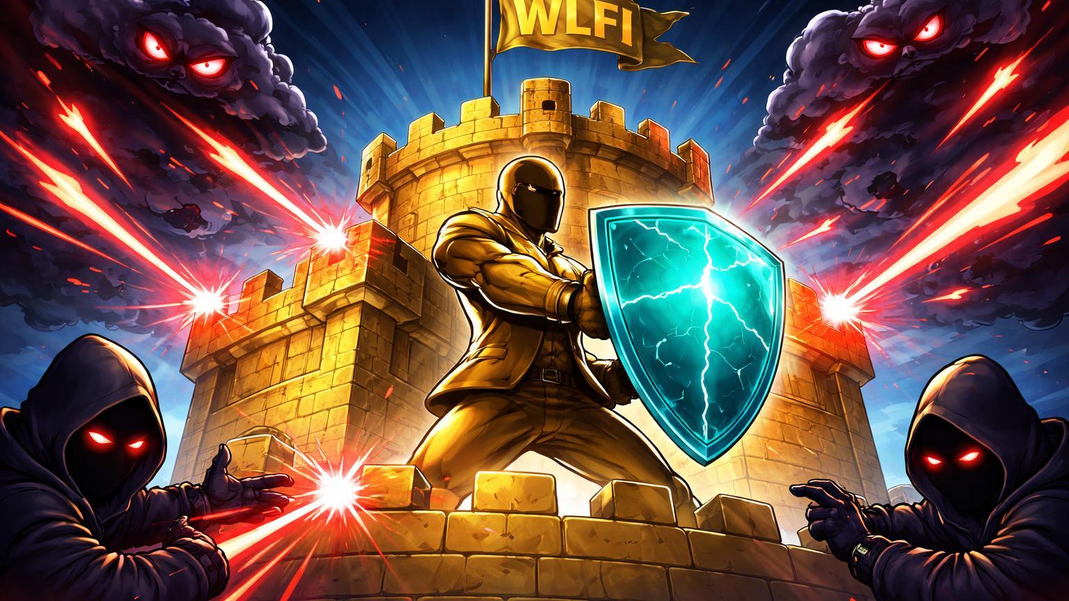 Fortaleza digital dourada sob ataque de hackers cartoon com raios vermelhos, guardião defendendo com escudo rachado, simbolizando riscos à stablecoin USD1 de Trump