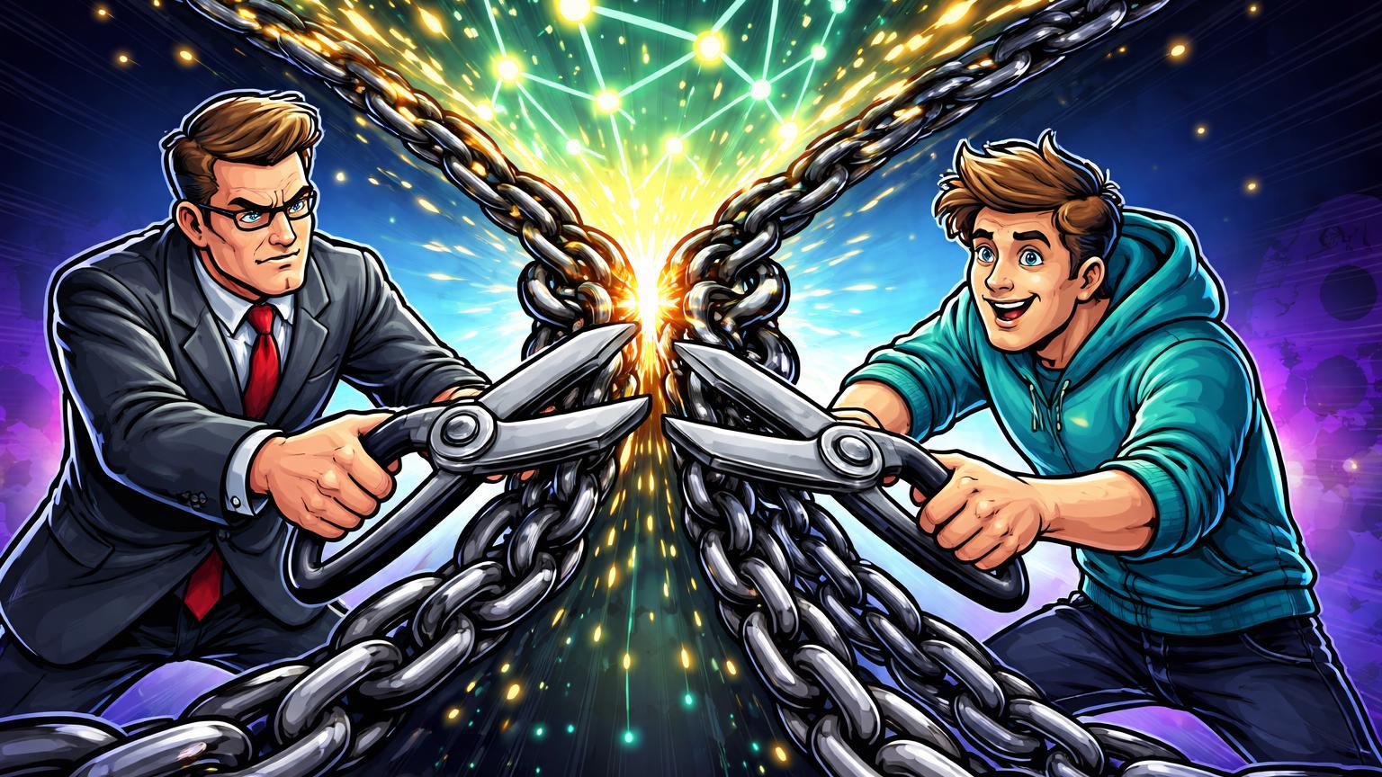 Personagens cartoon de regulador e executivo tech cortando correntes em gargalo, simbolizando fim proposto da Operation Chokepoint pelo Fed