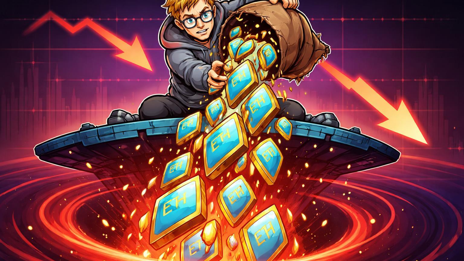 Personagem cartoon de Vitalik Buterin despejando saco de moedas ETH em cascata descendente sobre plataforma on-chain, ilustrando vendas que pressionam preço Ethereum