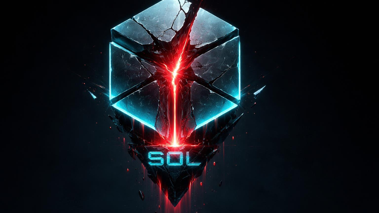 Estrutura cristalina hexagonal de Solana com rachadura vermelha drenando energia cyan, simbolizando hack de US$40M e fechamentos em DeFi
