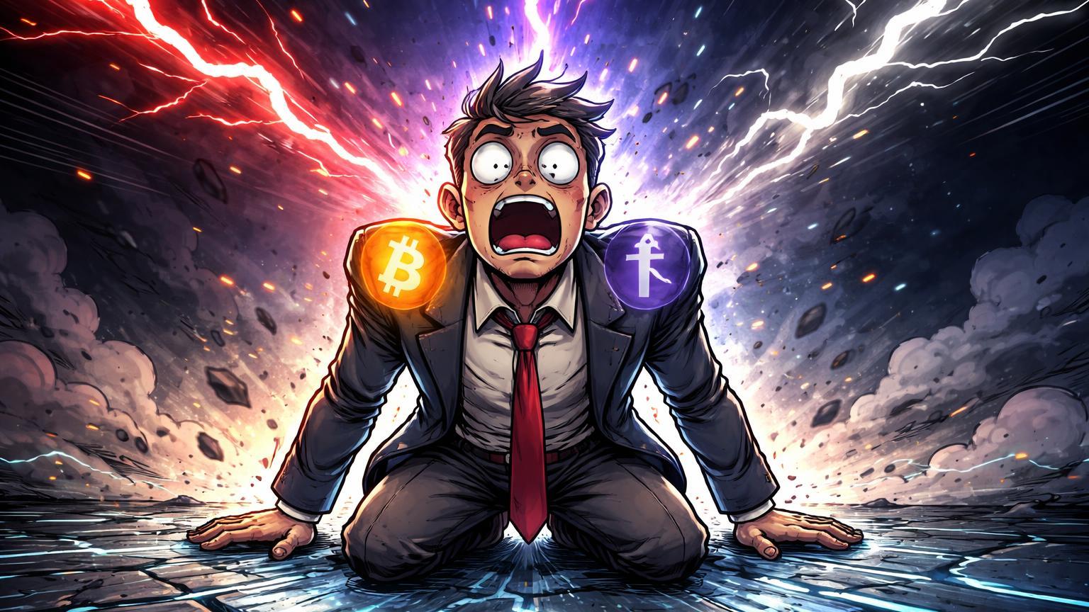Investidor cartoon em pânico atingido por raios vermelhos, roxos e cinzas simbolizando saídas de ETFs, venda de Vitalik e ultimato Pentágono no mercado cripto