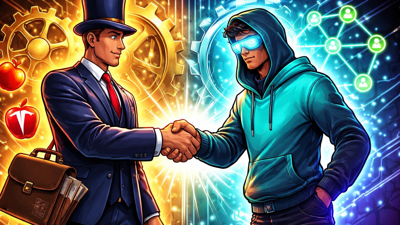 Executivos cartoon TradFi e DeFi em handshake sobre engrenagens fundidas com circuitos, simbolizando Kraken perpétuos de ações e aquisição Bitwise