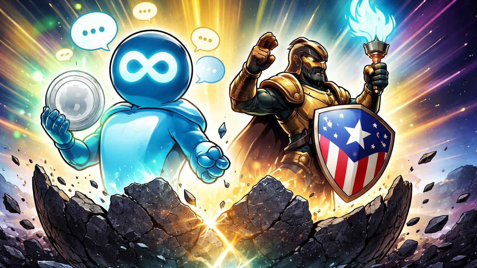 Personagens cartoon de Meta e Binance.US emergindo de casulo rachado como fênix, simbolizando renascimento cripto com adoção institucional pós-Trump