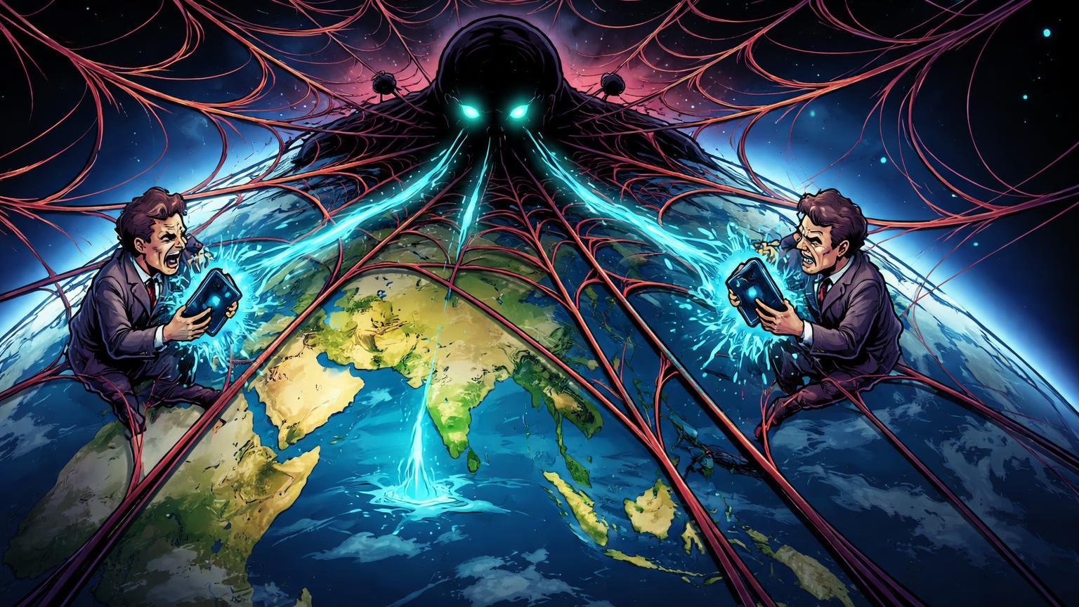 Teia de aranha global prendendo investidores cartoon em nós europeu e asiático, sugando cripto, ilustrando sequestros e roubos transfronteiriços