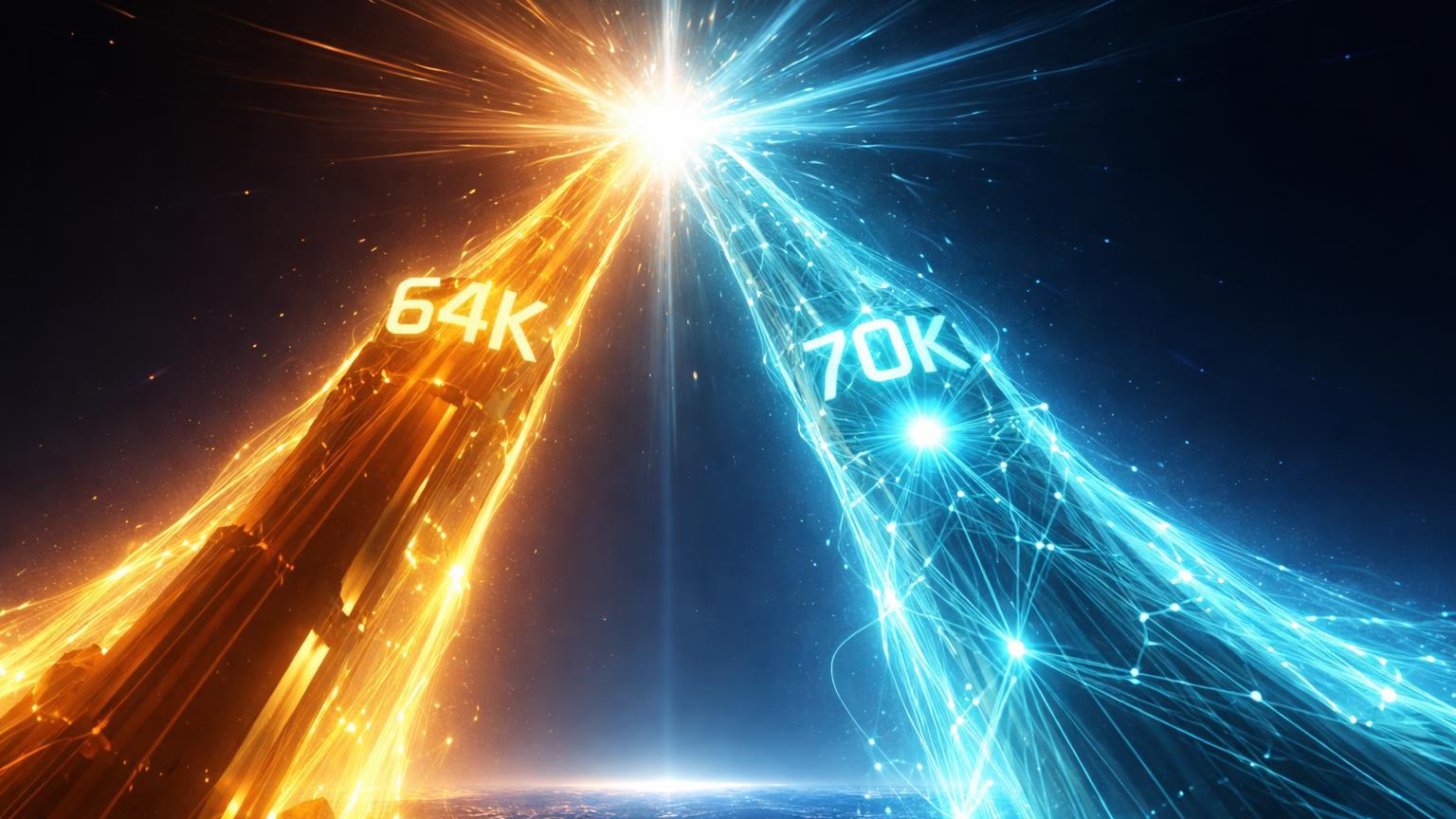 Pilares de energia dourado BTC com 64K e rede cyan ETH com 70K ETH stake convergindo, simbolizando alta do Bitcoin e estabilização no mercado cripto