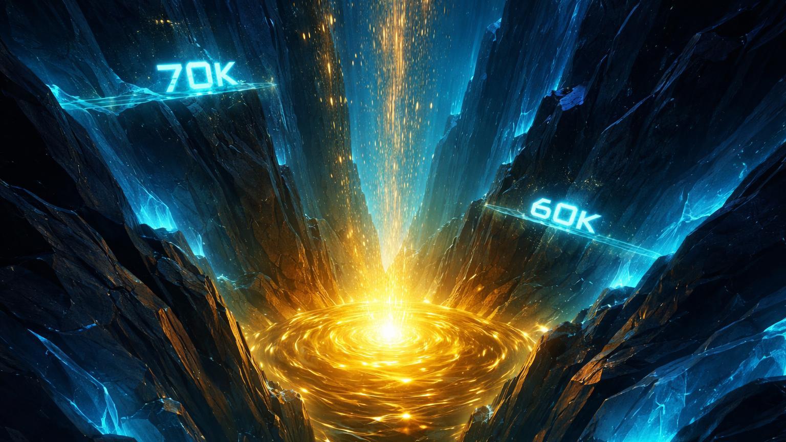 Reservatório dourado se enchendo no fundo de cânion digital com marcas 60K-70K, simbolizando acumulação de BTC por holders durante correção