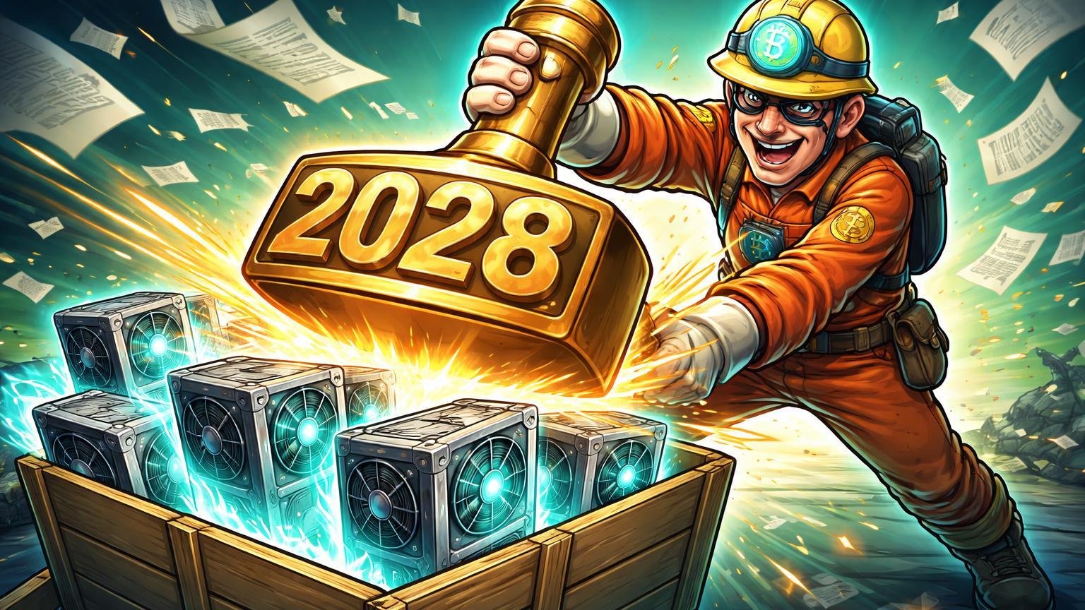Minerador cartoon carimbando isenção em caixa de ASICs com '2028', simbolizando fim de impostos para mineração Bitcoin no Brasil