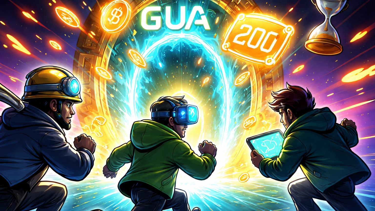 Personagens cartoon traders correndo para portal airdrop expelindo tokens GUA e 200, simbolizando resgate urgente na Binance Alpha