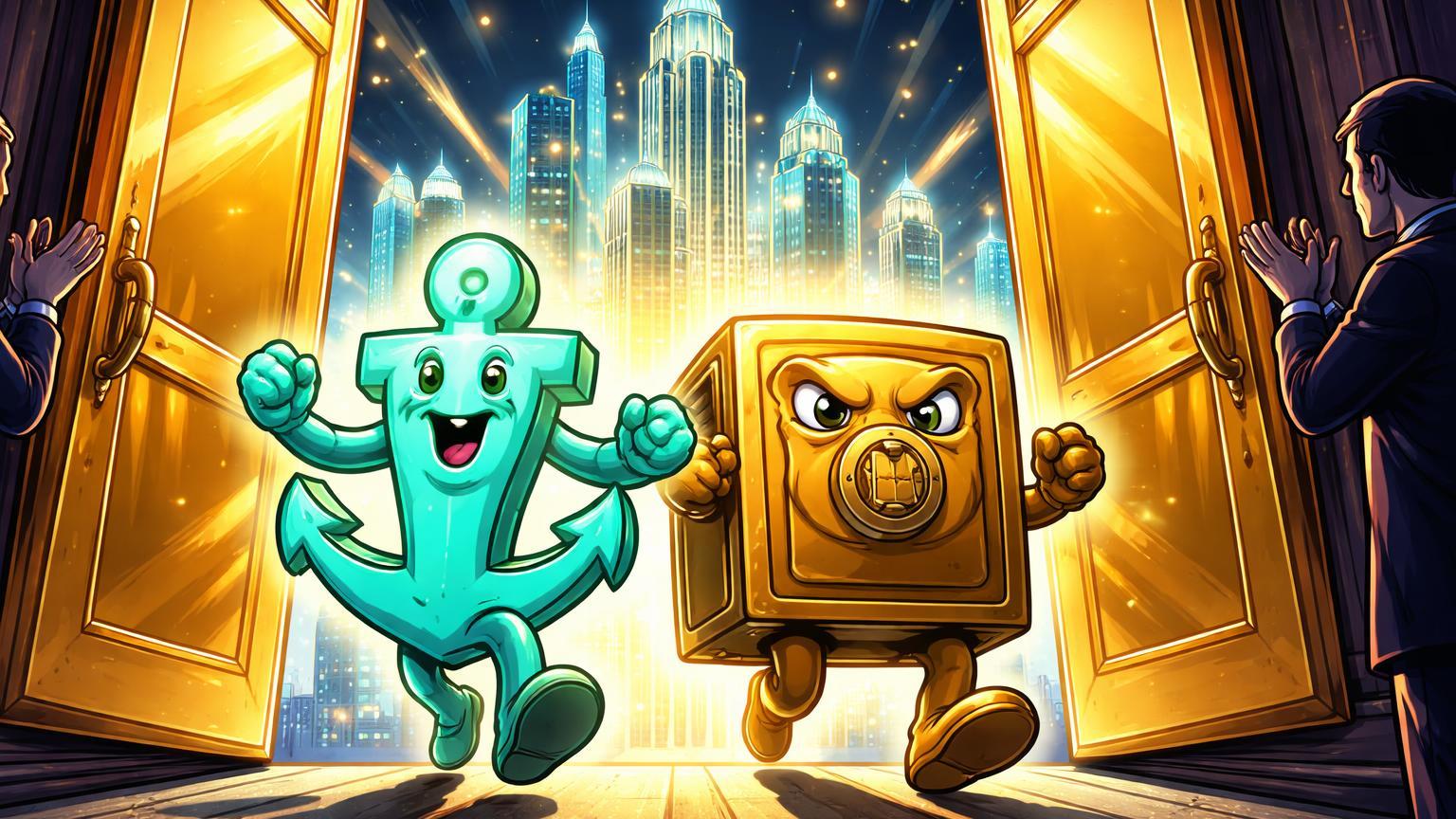 Personagens cartoon de stablecoin e cofre digital entrando em portas douradas da NYSE, simbolizando IPO da RedotPay e adoção institucional