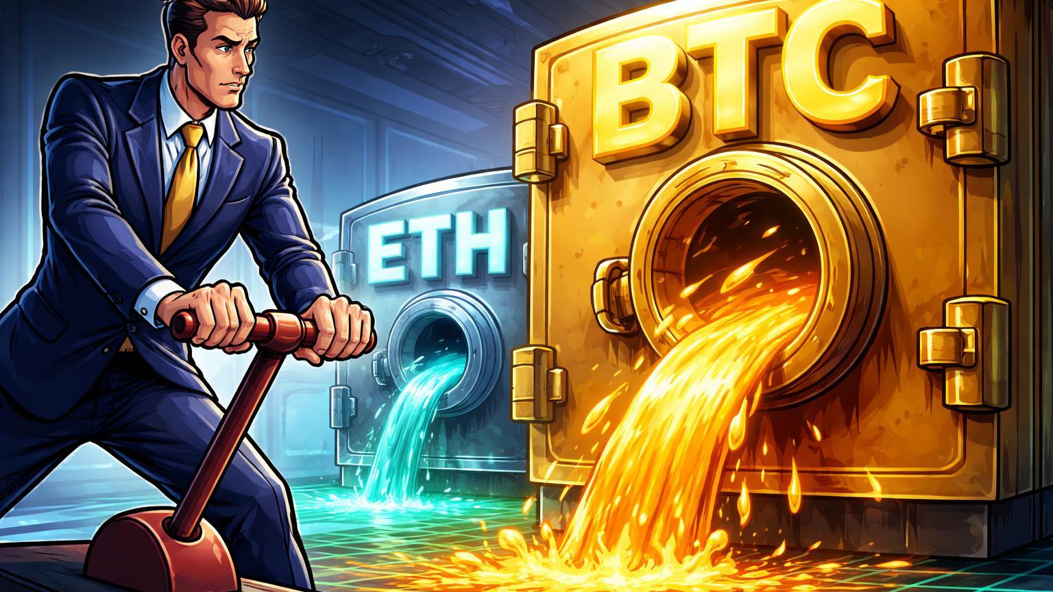 Gestor institucional cartoon puxando alavanca causando saídas de cofres BTC e ETH, ETH sustentado por rede de suporte, ilustrando outflows de ETFs