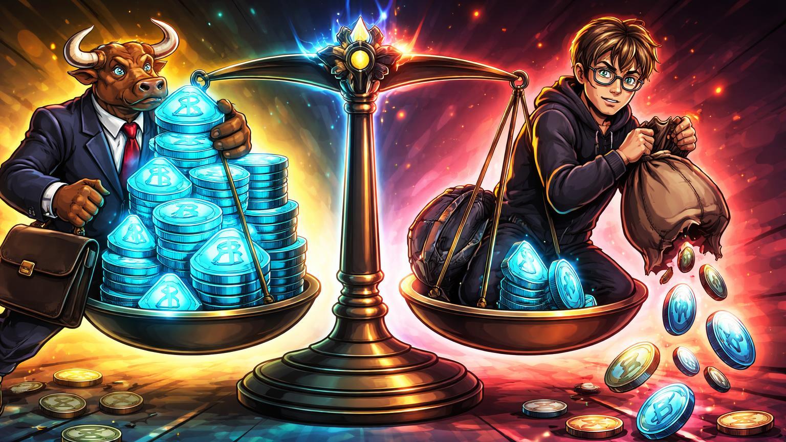 Personagens cartoon de Bitmine acumulando pilhas de ETH na balança enquanto Vitalik solta moedas, simbolizando compras contra vendas no mercado Ethereum