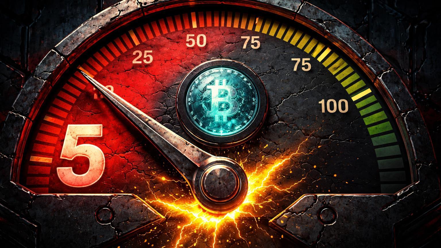 Medidor Fear & Greed com agulha no 5 e rachadura dourada no fundo, simbolizando pânico extremo e sobrevenda histórica do Bitcoin