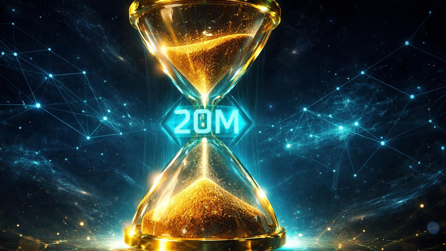 Ampulheta cristalina dourada com '20M' gravado e areia esgotando, simbolizando marco de escassez no supply do Bitcoin