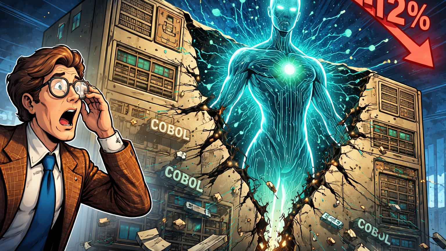 Engenheiro cartoon chocado com mainframe COBOL rachando enquanto IA cyan emerge, seta 12% caindo, sinalizando obsolescência tech tradicional