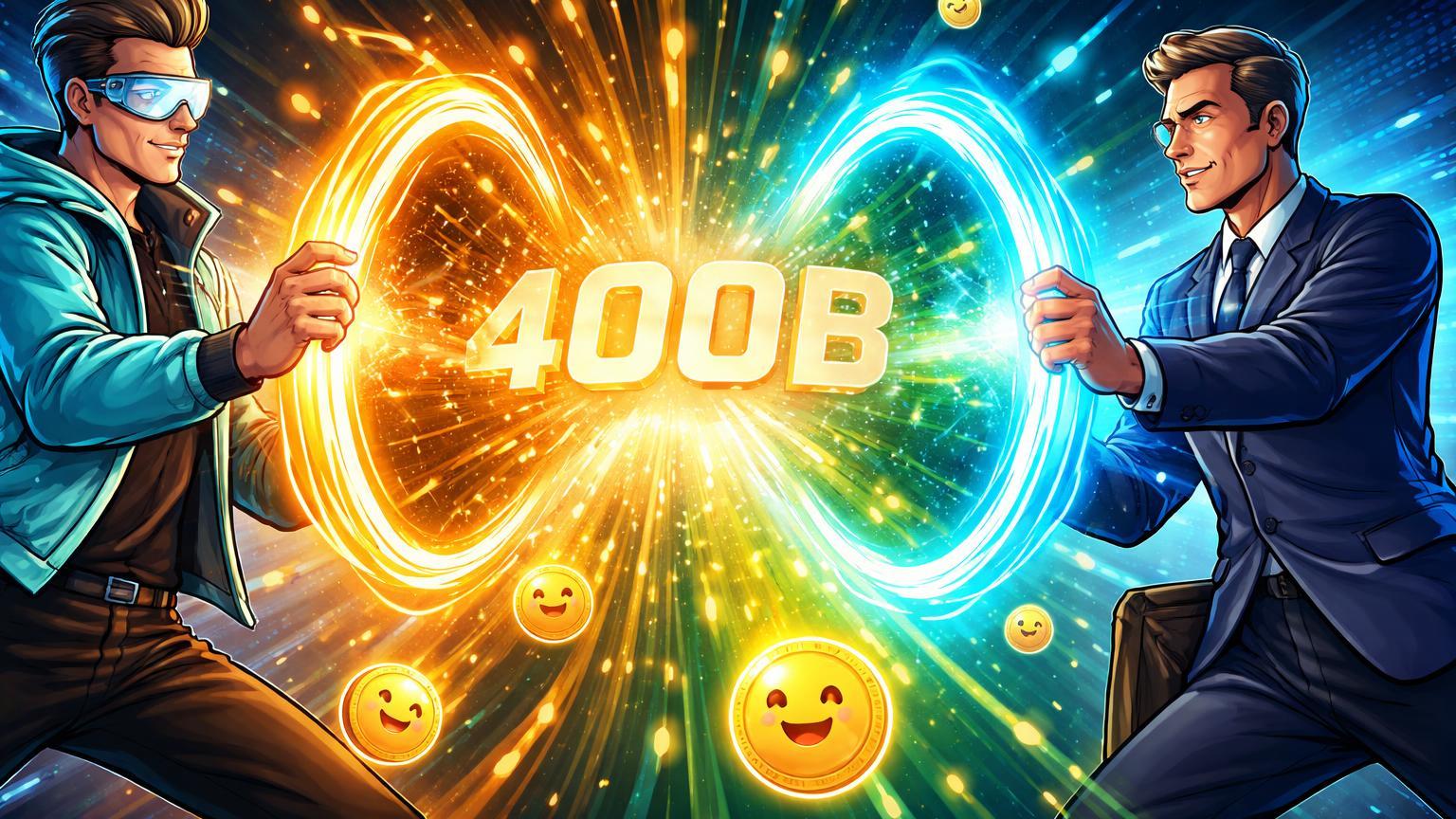 Personagens cartoon de Stripe e PayPal fundindo portais com stablecoins explodindo em partículas douradas, simbolizando domínio em pagamentos e US$400 bihares