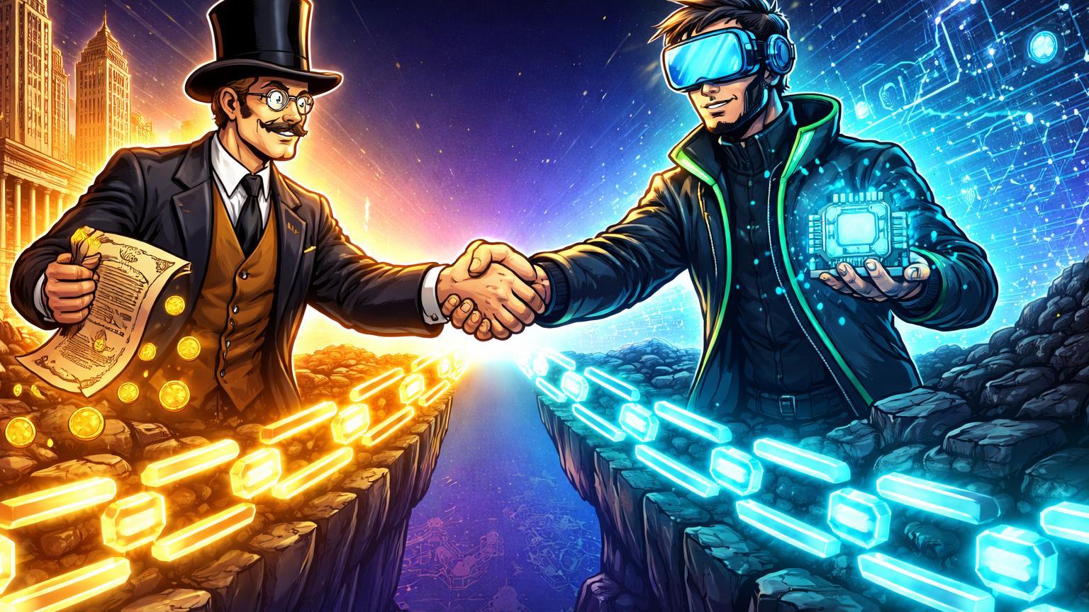 Personagens cartoon de finanças tradicionais e cripto apertando mãos sobre ponte de tokens luminosos, simbolizando lançamento de ações tokenizadas na Binance com Ondo