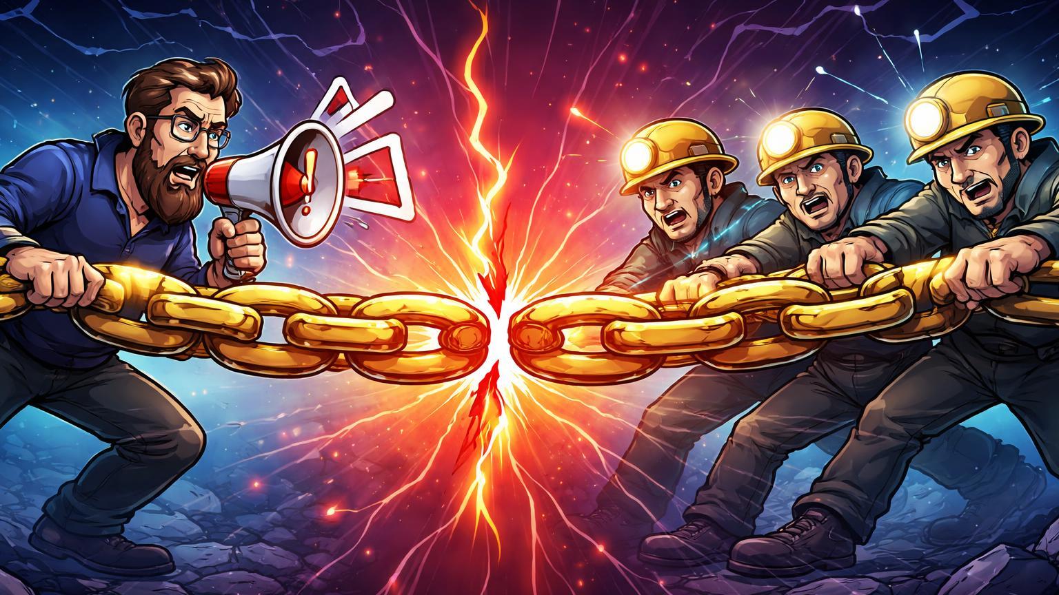 Personagens cartoon puxando corrente Bitcoin em opostas direções com rachadura central vermelha, alertando risco de divisão no BIP-110 por Jameson Lopp