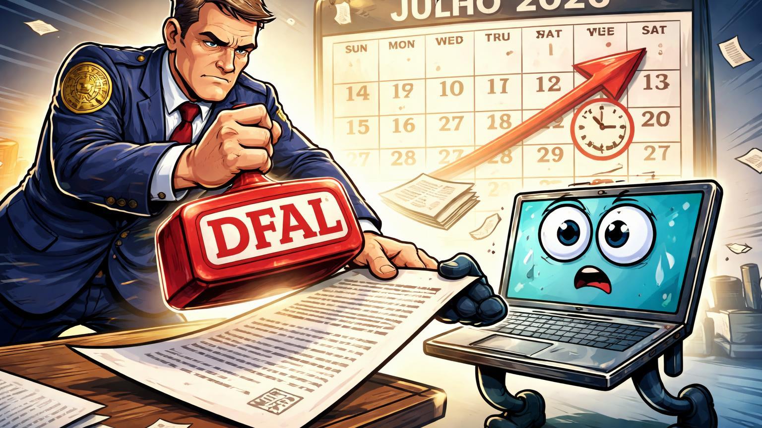 Oficial regulador cartoon carimbando DFAL em documento de exchange ansioso com calendário 2026, ilustrando licença obrigatória na Califórnia