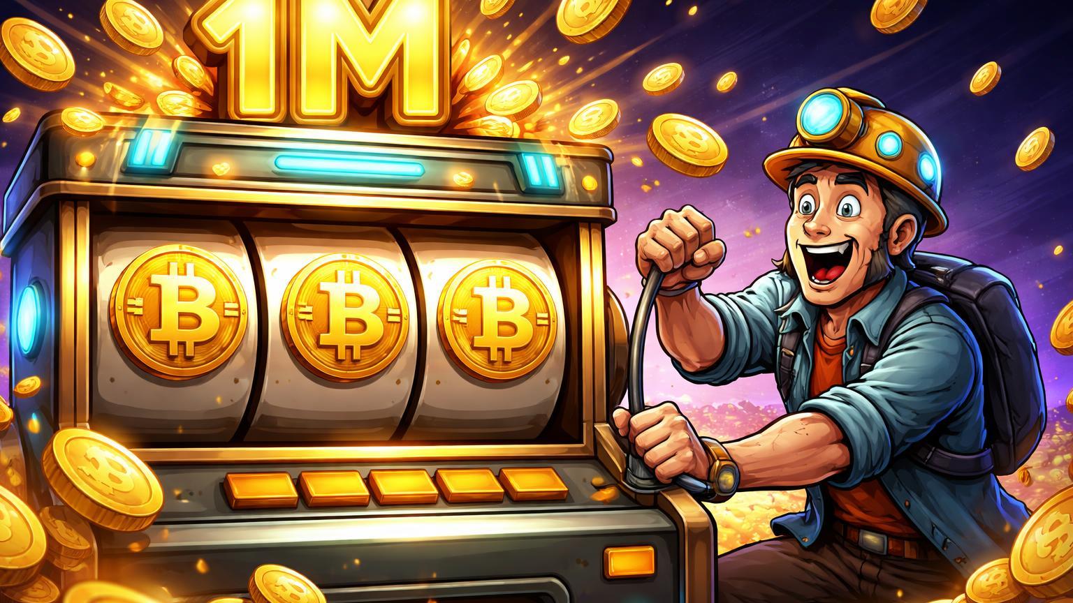 Minerador cartoon puxando alavanca de caça-níqueis Bitcoin, acertando jackpot '1M' com blocos dourados caindo, simbolizando sorte na mineração solo