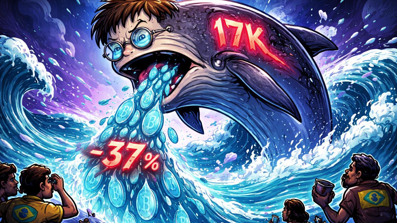 Baleia cartoon estilizada como Vitalik expelindo 17K ETH em cachoeira descendente com -37%, preocupando holders durante queda do Ether