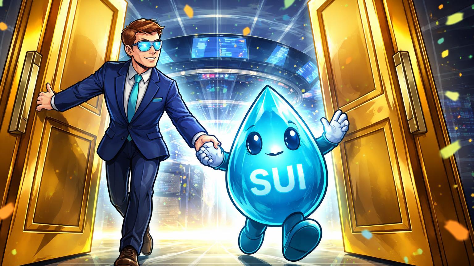 Executivo cartoon guiando personagem SUI cristalino por portas douradas da Nasdaq, celebrando estreia do ETF spot TSUI