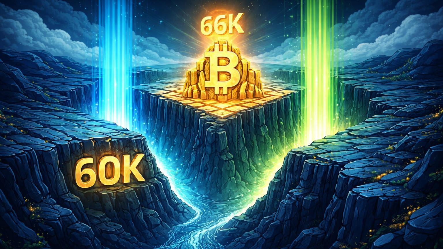 Estrutura cristalina dourada no rebordo de segundo vale isométrico com 66K sobre 60K, fluxos cyan e verde impulsionando, simbolizando recuperação Bitcoin e fundo duplo