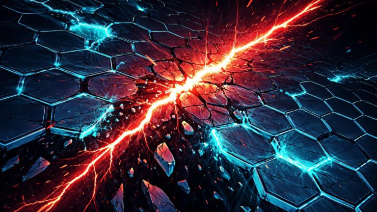 Rede cristalina hexagonal rachando em efeito dominó com luz vermelha, simbolizando hack de US$ 27 milhões e colapso em ecossistema Solana